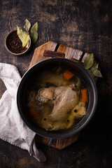 Chicken broth soup or bouillon in pan