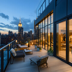 City skyline view from a luxurious rooftop terrace at dusk. Comfortable seating and modern design.