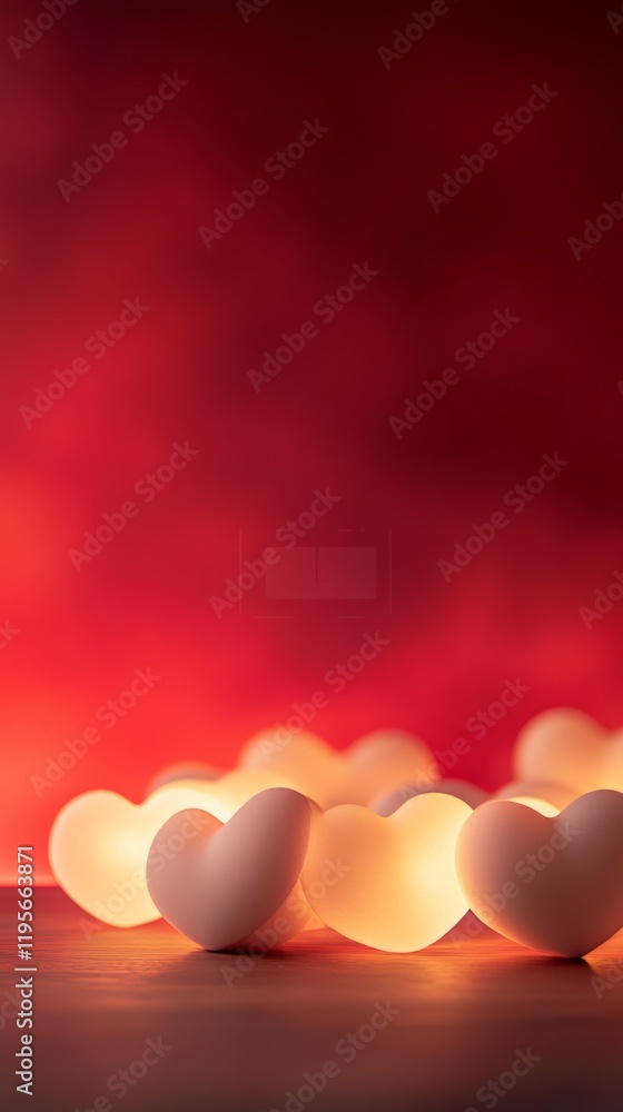 Poster small illuminated hearts are arranged on a wooden surface, casting a warm glow against a blurred red
