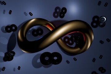 Obraz premium Golden infinity symbol in front of dark background. Golden shape is surrounded by many dark 