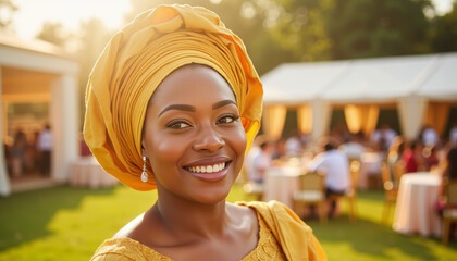 Joyful celebration in traditional Nigerian attire at outdoor event, festivity