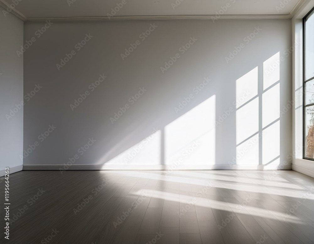 Aufkleber sunlight streams into a minimalist white room through a large window casting shadows on the wall and