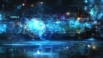 Futuristic global network data visualization with glowing earth and digital formulas.