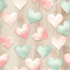Fototapeta premium pastel wooden hearts pattern on white rustic wooden background, soft pink, mint green, and beige tones, romantic and vintage style, concept of valentine’s day, wedding decor, gift wrapping