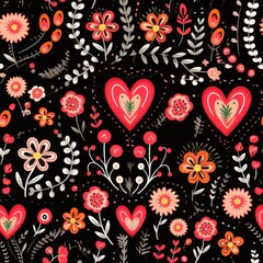 Folk Art Floral and Heart Seamless Pattern