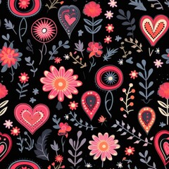 Folk Art Floral and Heart Seamless Pattern