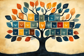 A family tree template with empty cells for user input, playful drawings, hand-drawn elements, fun design, cartoon-like appearance, ancestry, heritage	