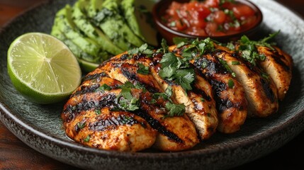 Grilled chicken breast served with fresh avocado slices, lime, and salsa on a rustic plate