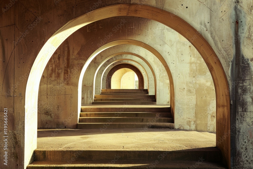Aufkleber long concrete tunnel with steps and archways is creating a vanishing point