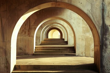 Fototapeta premium Long concrete tunnel with steps and archways is creating a vanishing point