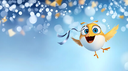 Naklejka premium A cartoon bird is flying in the air with a blue ribbon. generated by AI