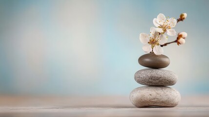 Balance proportion wellness concept. A serene stack of stones with a delicate flower on top against a soft blue background.