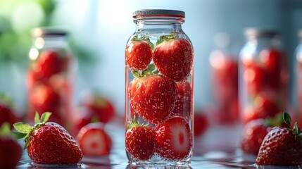 Fresh strawberries submerged in sparkling water inside glass jars, with blurred greenery in the background