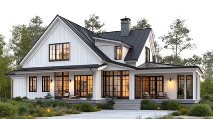 Modern farmhouse with black roof and large windows in serene forest setting