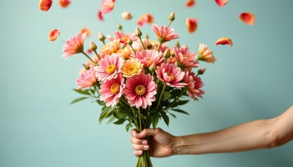 Hand holding vibrant bouquet of daisies with falling petals against pastel background