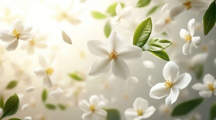 Obraz premium Blooming white jasmine flowers with lush green leaves in soft sunlight