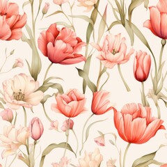 Seamless floral pattern with pink and red carnations and tulips on a soft cream background, elegant and vintage-inspired design, concept of wedding stationery, textile, gift wrapping