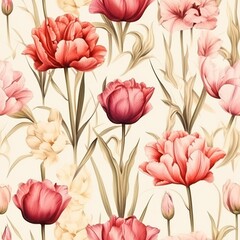Seamless floral pattern with pink and red carnations and tulips on a soft cream background, elegant and vintage-inspired design, concept of wedding stationery, textile, gift wrapping