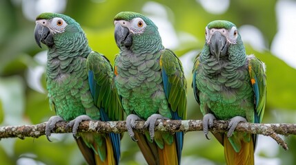 Three vibrant green macaws perched on a branch amidst a lush tropical background, showcasing their beauty