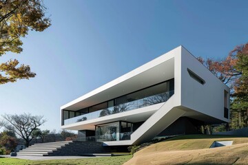 Stunning white modern house with geometric architecture is standing on a hill