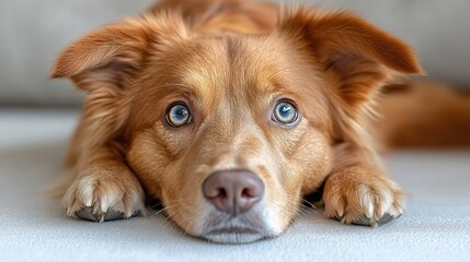 Close-up of a relaxed dog with striking blue eyes resting on a soft surface, showcasing its calm demeanor