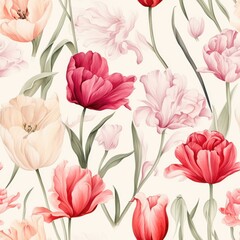 Seamless floral pattern with pink and red carnations and tulips on a soft cream background, elegant and vintage-inspired design, concept of wedding stationery, textile, gift wrapping