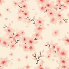 Fototapeta premium seamless floral pattern with pink cherry blossoms and buds on cream background, delicate and romantic design, concept of spring decor, stationery, gift wrapping