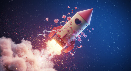 Fototapeta premium Valentine's Day Rocket Ship Launching into Space with Hearts and Roses