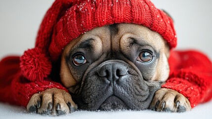 Adorable pug wearing a festive red sweater and hat, resting on a snowy surface with a cozy background