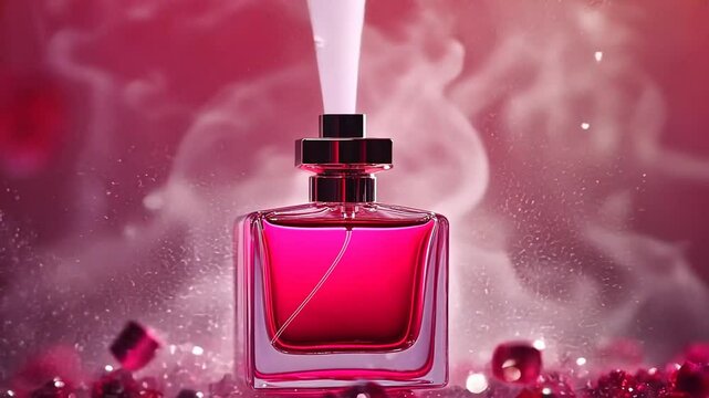 Red Perfume in a Glass Bottle with a Pink Background