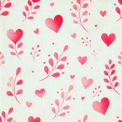 Seamless pattern with red and pink hearts and delicate leaves on white background, romantic and minimalistic design, concept of valentine's day, wedding decor, stationery