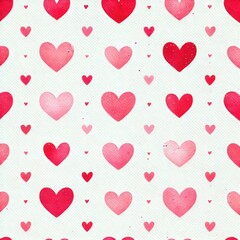 Seamless pattern with red and pink hearts and delicate leaves on white background, romantic and minimalistic design, concept of valentine's day, wedding decor, stationery