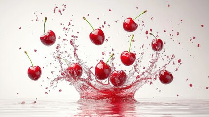 Fresh Cherries Splashing Into Water Creating Dynamic Ripples