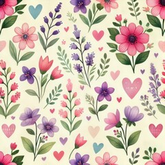 Seamless floral pattern with pink and purple flowers, green leaves, and colorful hearts on cream background, whimsical romantic design, concept of valentine's day, stationery, gift wrapping