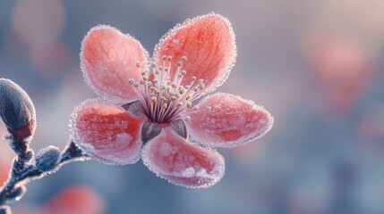 Close-up of a pink flower encrusted with frost, capturing the delicate beauty of nature in a wintry setting.