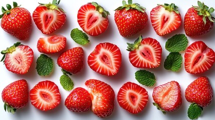 Freshly sliced strawberries arranged artistically on a white background with mint leaves for decoration