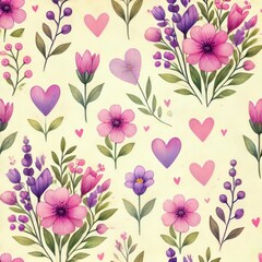 Seamless floral pattern with pink and purple flowers, green leaves, and colorful hearts on cream background, whimsical romantic design, concept of valentine's day, stationery, gift wrapping
