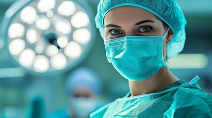 Confident female surgeon in blue scrubs and mask, ready in a well-equipped operating room, showcasing professional healthcare setting.