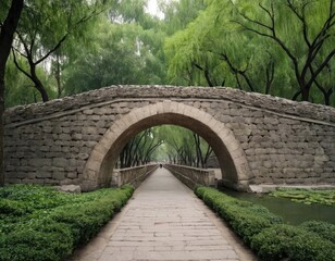A graceful stone bridge over calm water, surrounded by lush trees