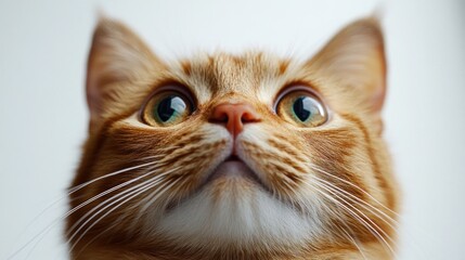 Close-up of a curious ginger cat gazing upwards with bright green eyes, set against a soft background