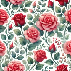 Seamless pattern of red roses with green leaves on white background, elegant floral design, concept of wedding stationery, textile, gift wrapping