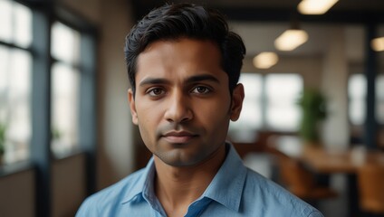 Head shot portrait millennial 30s Indian man dressed in casual blue shirt posing indoor.