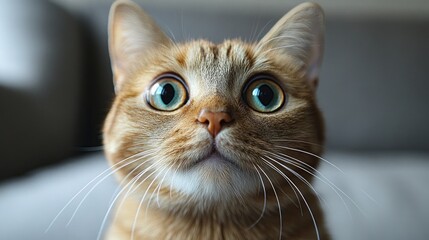 Close-up of a curious orange cat with large blue eyes, sitting indoors on a soft couch