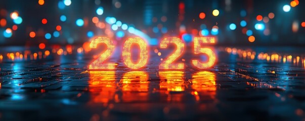 Obraz premium 2025 neon lights illuminate wet city street at night