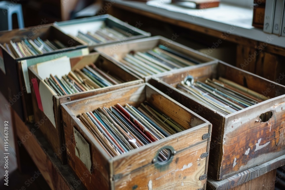 Poster old wooden crates with paper documents are standing on a table in an archive room