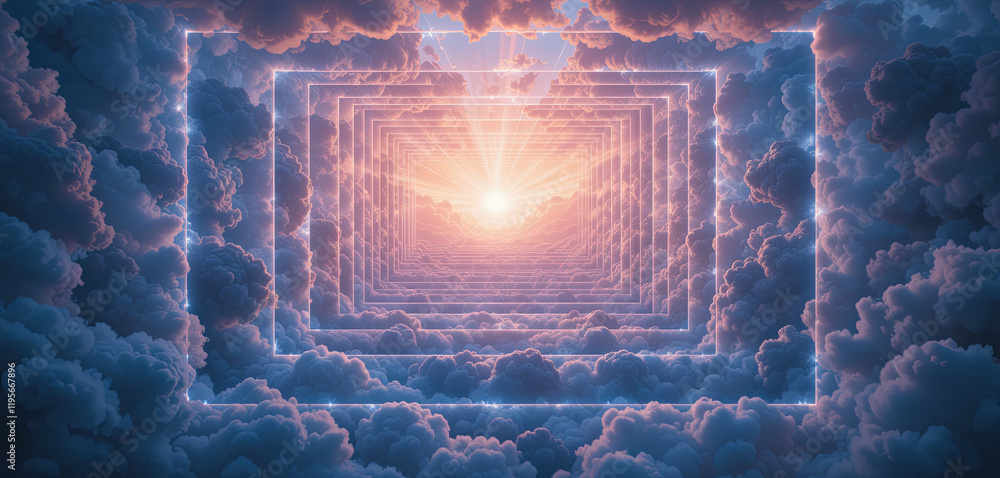 Poster wispy clouds form layers in the sky, illuminated by a radiant sun setting on the horizon. the interp