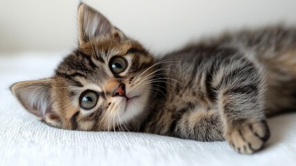 Adorable tabby kitten lounging on soft white fabric, surrounded by a cozy indoor setting