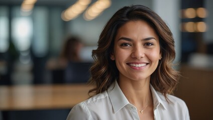 Headshot close up face portrait of young happy smiling Hispanic businesswoman, female company worker