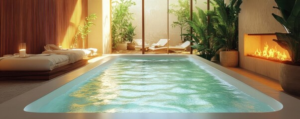Elegant indoor pool with lounge chairs and fireplace in luxurious sunlit room