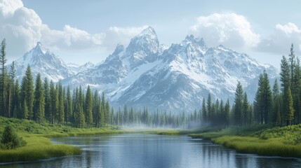 Majestic snow-capped mountains and serene river landscape on a clear day